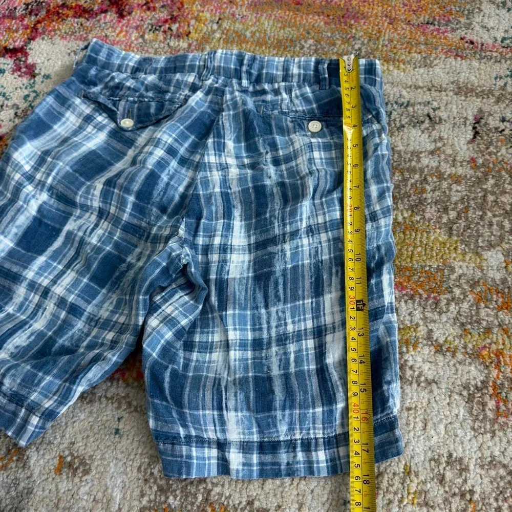 Ralph Lauren Authentic India Madras 100% Linen Plaid Shorts Blue White Mens 30W